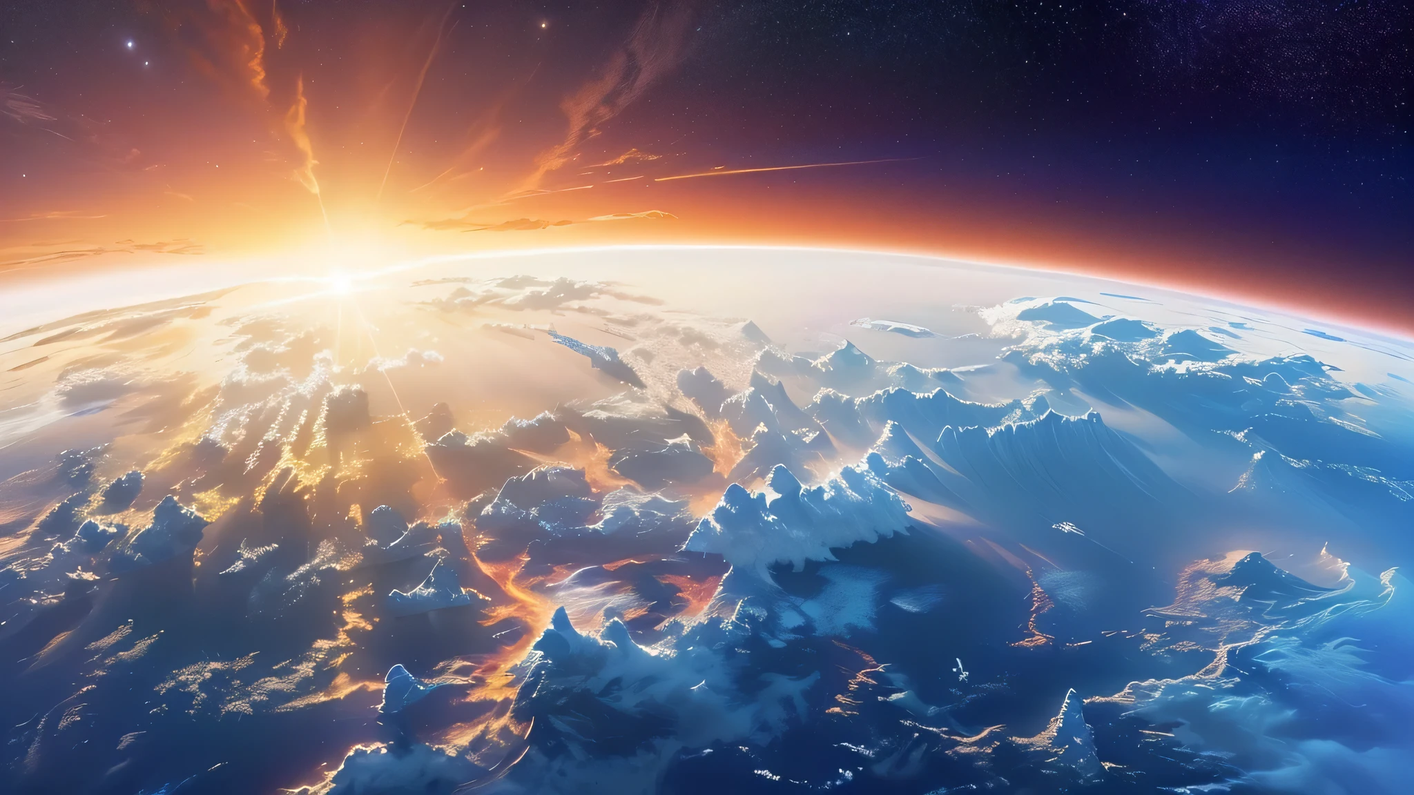 a view of Earth from space with the sun rising, photo of earth from space, space atmosphere, highly detailed atmosphere, photo from space, radiant atmosphere, stunning atmosphere, Earth from space, beautiful atmosphere, Earth from space, The earth is lightly covered, atmosphere, Earth in the distance, planet in space over the horizon, Planetary surface, View from space