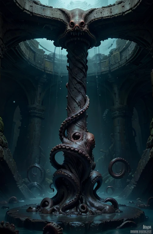 underground ruins　darkness　moisture　slime　Giant octopus statue　grotesque　Penis　Tentacles　mollusc　erotic　alien　half submerged
