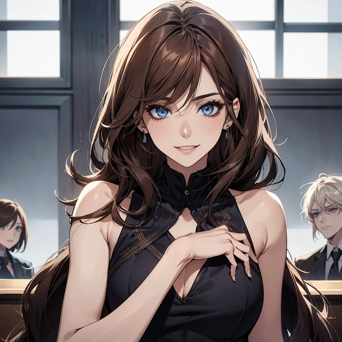 (Highest quality,High resolution,Very detailed),1 girl, Beautiful and elegant light blue eyes, Brown Hair, Cold Smile,Bob Hair, Wearing a black suit, Mature Woman, Age 25,Cruel smile, Calm and Calm, Slim figure, Pale complexion, thin, Calm, In the conference room.