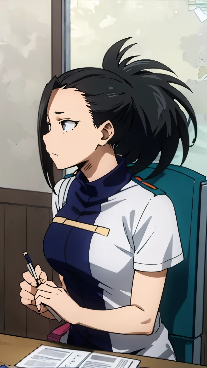masterpiece, best quality, yaoyorozu momo, 1girl, closeup, black eyes, black hair,  ponytail, long hair, hair pulled back, medium breasts, ,solo, lookinset on chair, studying 