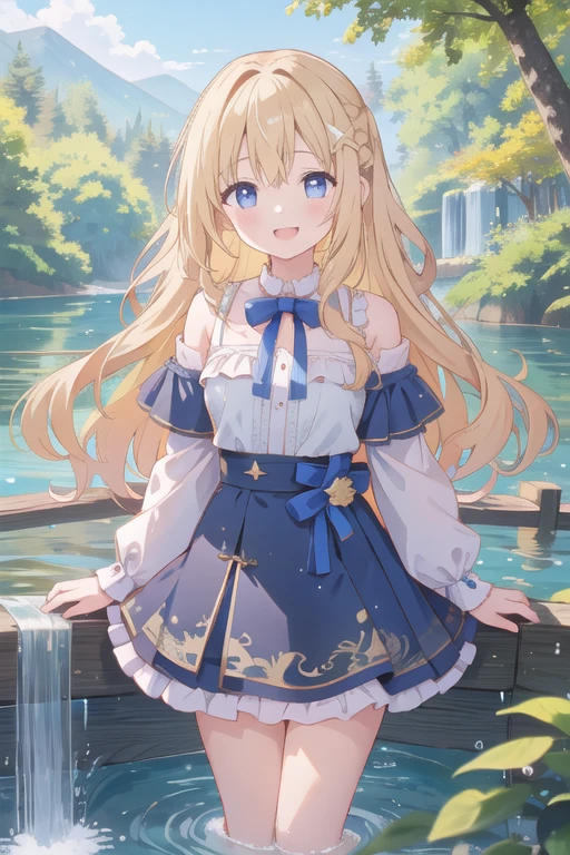 A young girl 、Long wavy blonde hair、In a dress、Lake in the forest、Girl in the water、Thigh-deep in water、smile、You can see the waterfall behind