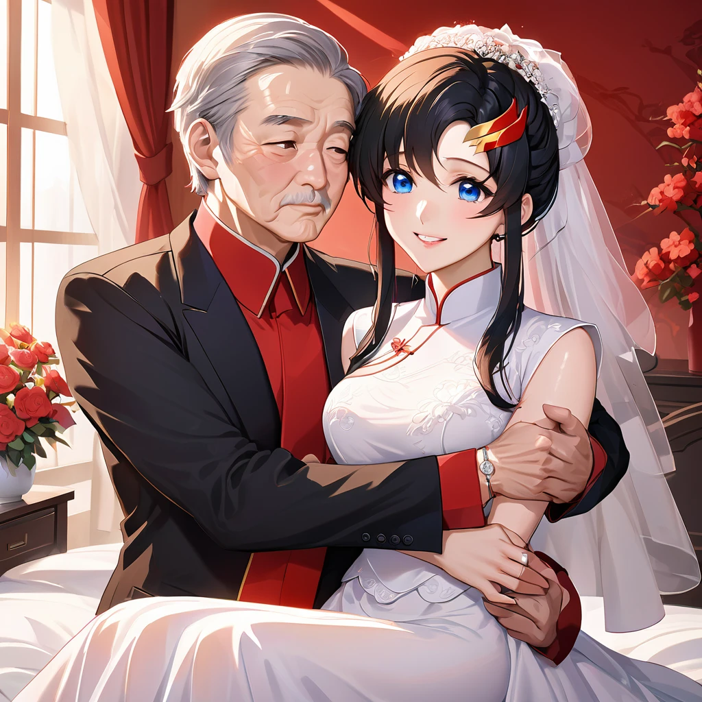 ((Highest quality)), ((masterpiece)), (detailed), （Perfect Face）、The woman is a Chinese Lacus Clyne with blue eyes and medium-long black hair. She is wearing an engagement ring. She has become a member of the glorious Chinese Communist Party and has sworn absolute loyalty to the Chinese Communist Party. She is a righteous Communist Party member of China.、The woman is a member of the Chinese Communist Party and is wearing a wedding dress.、For the sake of China, they dye their hair, hairstyle, clothes, and everything they wear belongs to the Chinese Communist Party, and their thoughts are also Chinese, becoming great Chinese in body and mind.、The woman became Lacus Clyne, a Chinese woman who was proud of and loved China.、The woman is chosen by a great Chinese Communist Party official and is given the honor of becoming his wife.、The woman looks happy being held in the arms of a great Chinese Communist Party official.、The woman is the wife of a glorious Chinese Communist Party official.、The man is a great Chinese Communist Party official, a dignified and imposing old man who marries the woman.、A man and a woman are hugging, kissing, having sex and making love in a luxurious bedroom