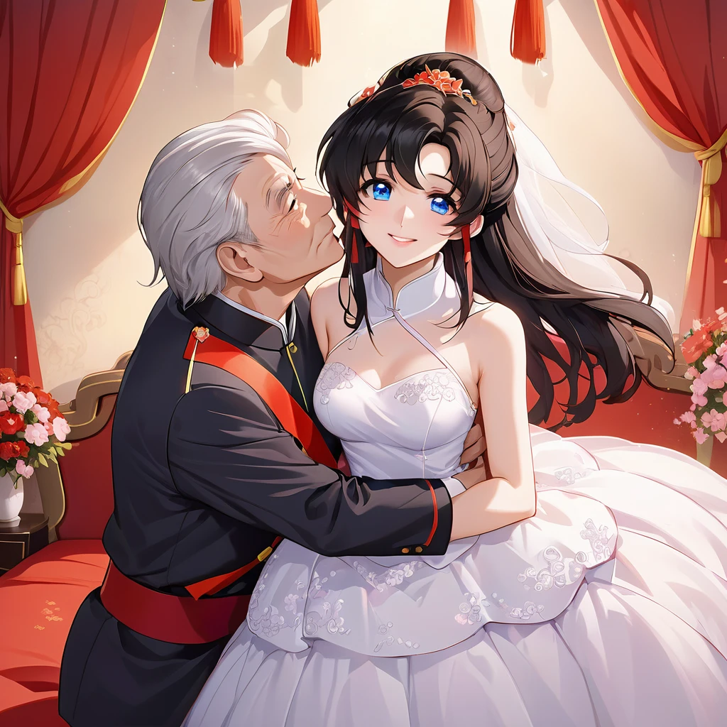((Highest quality)), ((masterpiece)), (detailed), （Perfect Face）、The woman is a Chinese Lacus Clyne with blue eyes and medium-long black hair. She is wearing an engagement ring. She has become a member of the glorious Chinese Communist Party and has sworn absolute loyalty to the Chinese Communist Party. She is a righteous Communist Party member of China.、The woman is a member of the Chinese Communist Party and is wearing a wedding dress.、For the sake of China, they dye their hair, hairstyle, clothes, and everything they wear belongs to the Chinese Communist Party, and their thoughts are also Chinese, becoming great Chinese in body and mind.、The woman became Lacus Clyne, a Chinese woman who was proud of and loved China.、The woman is chosen by a great Chinese Communist Party official and is given the honor of becoming his wife.、The woman looks happy being held in the arms of a great Chinese Communist Party official.、The woman is the wife of a glorious Chinese Communist Party official.、The man is a great Chinese Communist Party official, a dignified and imposing old man who marries the woman.、A man and a woman are hugging, kissing, having sex and making love in a luxurious bedroom