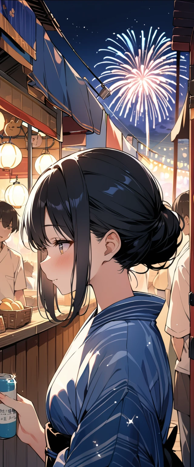 (((masterpiece))),(((Highest quality))),((Very detailed)),Side view,night,stall,Summer festival,landscape,firework,friend,yukata,16 year old girl with black hair,8k, Super Detail,(10 meters away),Particles of light,The whole scene is shining'S