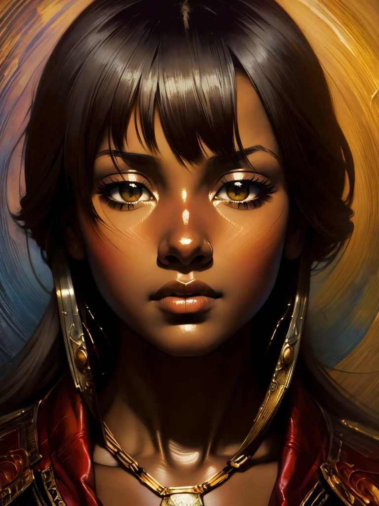 ((Solo Beautiful African woman with dark skin and striking eyes)), shadowed interior background, art by akihiko yoshida, manga art style, colorfield illustration, scary atmosphere, global illumination, by frank frazetta, art by goro fujita, glamor shot, banner, blur, anime key visual, (blue, yellow and gray colors), photorealistic dramatic anime girl, intricately detailed, chiaroscuro, pino daeni, impressionist (best quality, masterpiece)