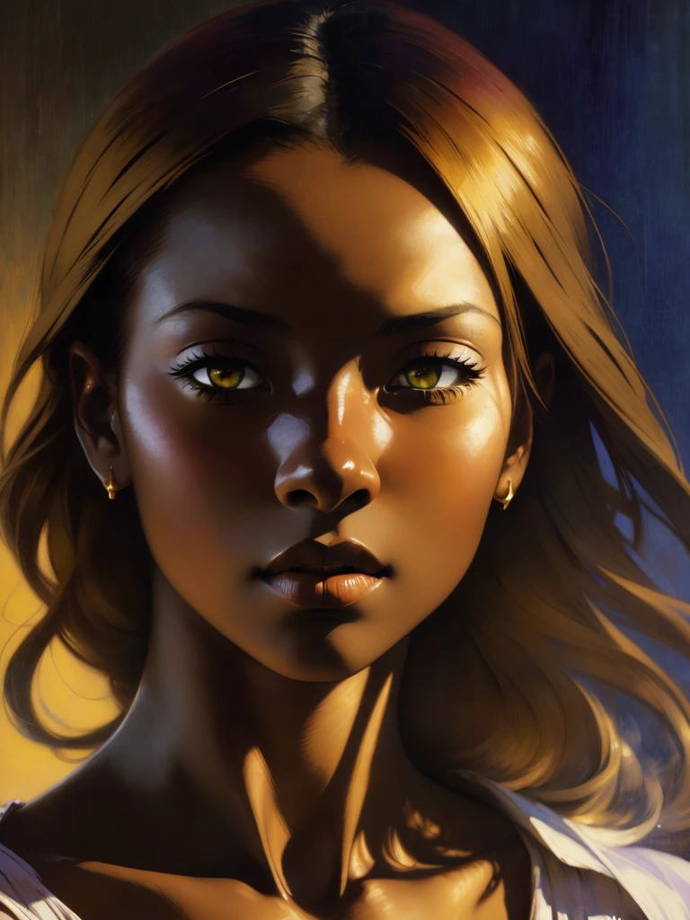 ((Solo Beautiful African woman with dark skin and striking eyes)), shadowed interior background, art by akihiko yoshida, manga art style, colorfield illustration, scary atmosphere, global illumination, by frank frazetta, art by goro fujita, glamor shot, banner, blur, anime key visual, (blue, yellow and gray colors), photorealistic dramatic anime girl, intricately detailed, chiaroscuro, pino daeni, impressionist (best quality, masterpiece)