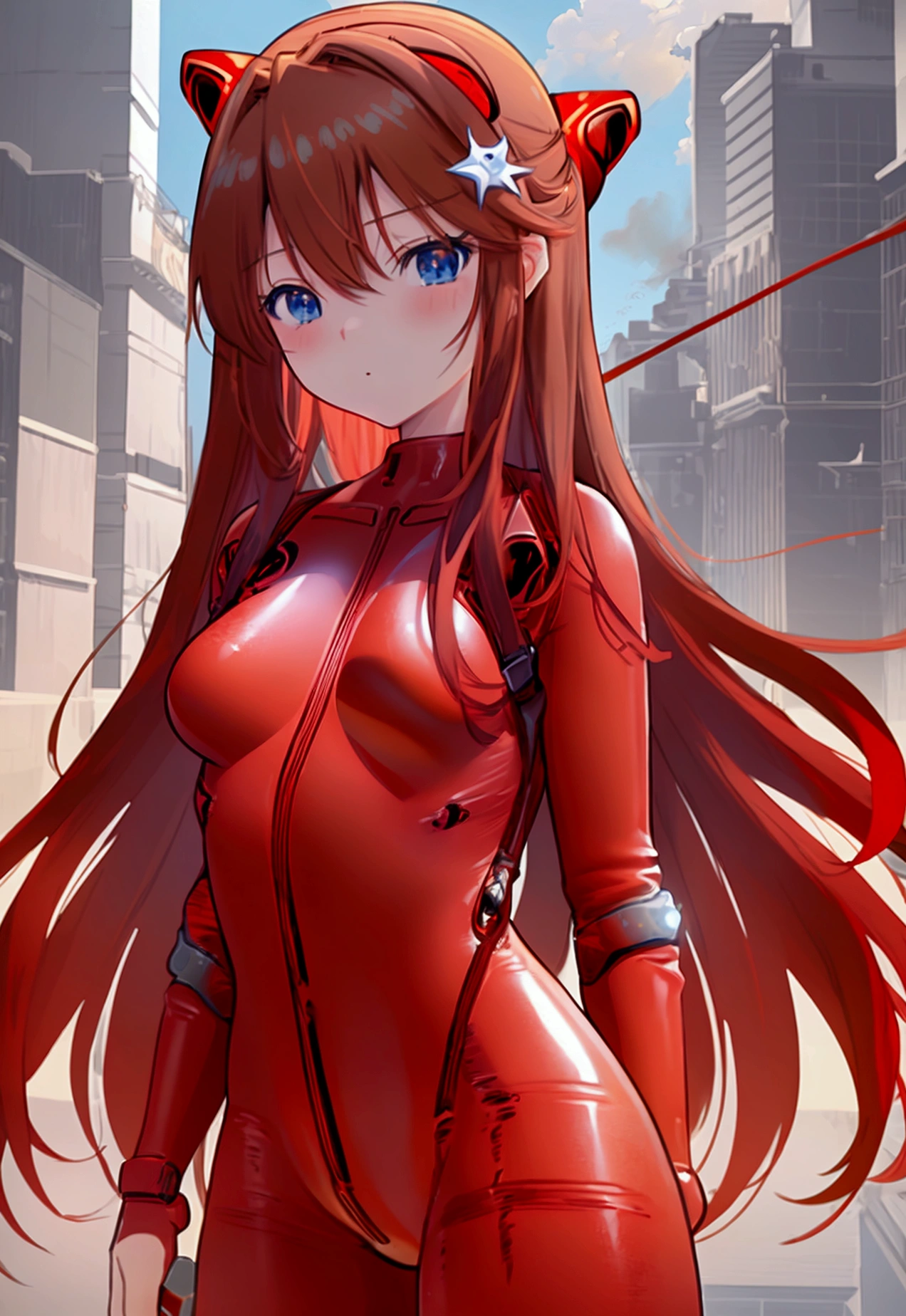 Sugar Angle, Soryu Asuka Langley, (Soryu Asuka Langley:1.2), Long Hair, bangs, blue eyes, Brown Hair, hair ornaments, break bodysuit, Pilot Suit, Plug Suit, (Red bodysuit:1.5), Interface Headset, break outdoors, city, null, cloud, sun, break looking at viewer, (Cowboy Shot:1.5), break (masterpiece:1.2), Highest quality, High resolution, unity 8k wallpaper, (figure:0.8), (Beautiful attention to detail:1.6), Highly detailed face, Perfect lighting, Highly detailed CG, (Perfect hands, Perfect Anatomy),