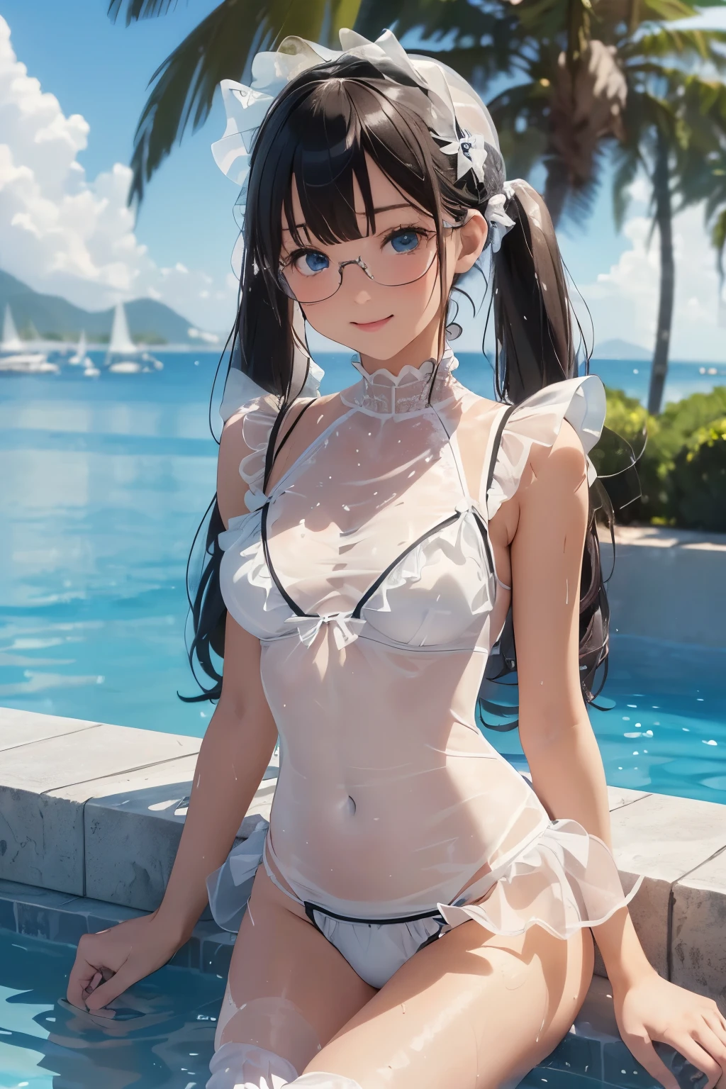 ((masterpiece)), ((highest quality、Ultra high definition)), (Very detailed),8k、Photo quality、((Amazingly cute girl)),)), Two people, , (Beautiful emerald blue eyes), ((smile)),In the open-air bath overlooking the sea, Beautifully arranged black hair in twin tails、Slim Body、(((A very cute see-through white bikini swimsuit with lots of lace and frills.)))、Professional Lighting、(White lace knee-highore detailed and beautiful)、(More details and cutenesore realistic)、((Just wear light clothing))、Frolic in the pool、(Too cute)、(The embodiment of cuteness)、(Cute girl with glasses)、(((The swimsuit is wet and transparent)))、(((Front and back of the same person)))、