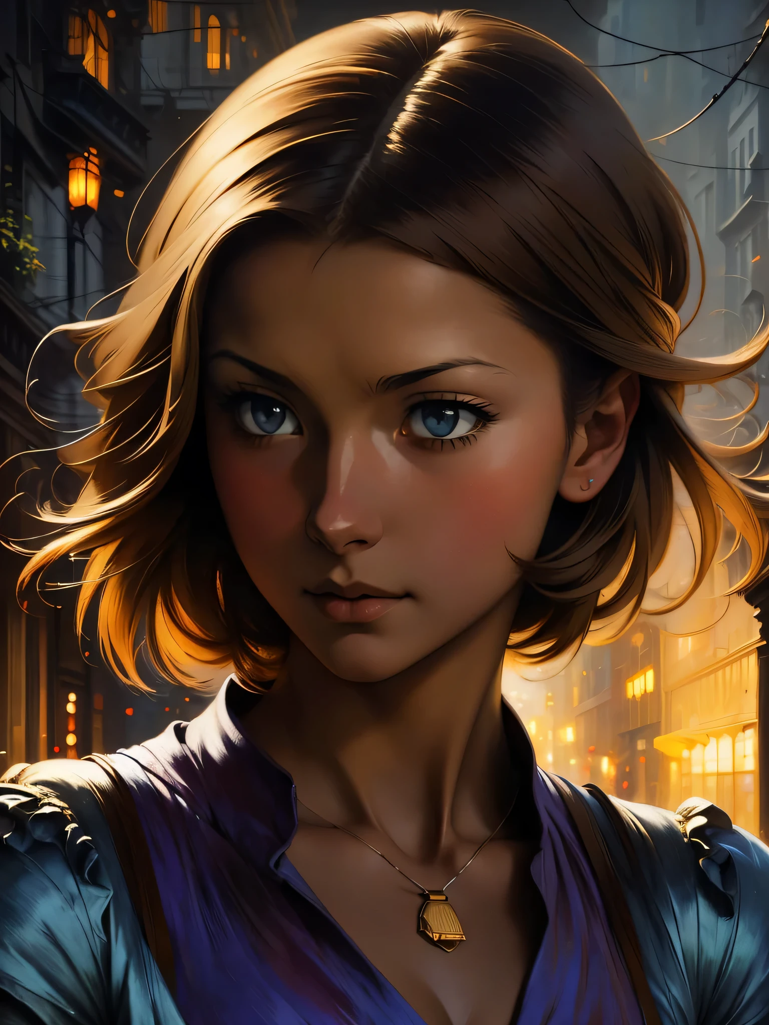 ((Solo Beautiful european woman with dark skin and striking eyes)), shadowed interior background, art by akihiko yoshida, manga art style, colorfield illustration, scary atmosphere, global illumination, by frank frazetta, art by goro fujita, glamor shot, banner, blur, anime key visual, (blue, yellow and gray colors), photorealistic dramatic anime girl, intricately detailed, chiaroscuro, pino daeni, impressionist (best quality, masterpiece)