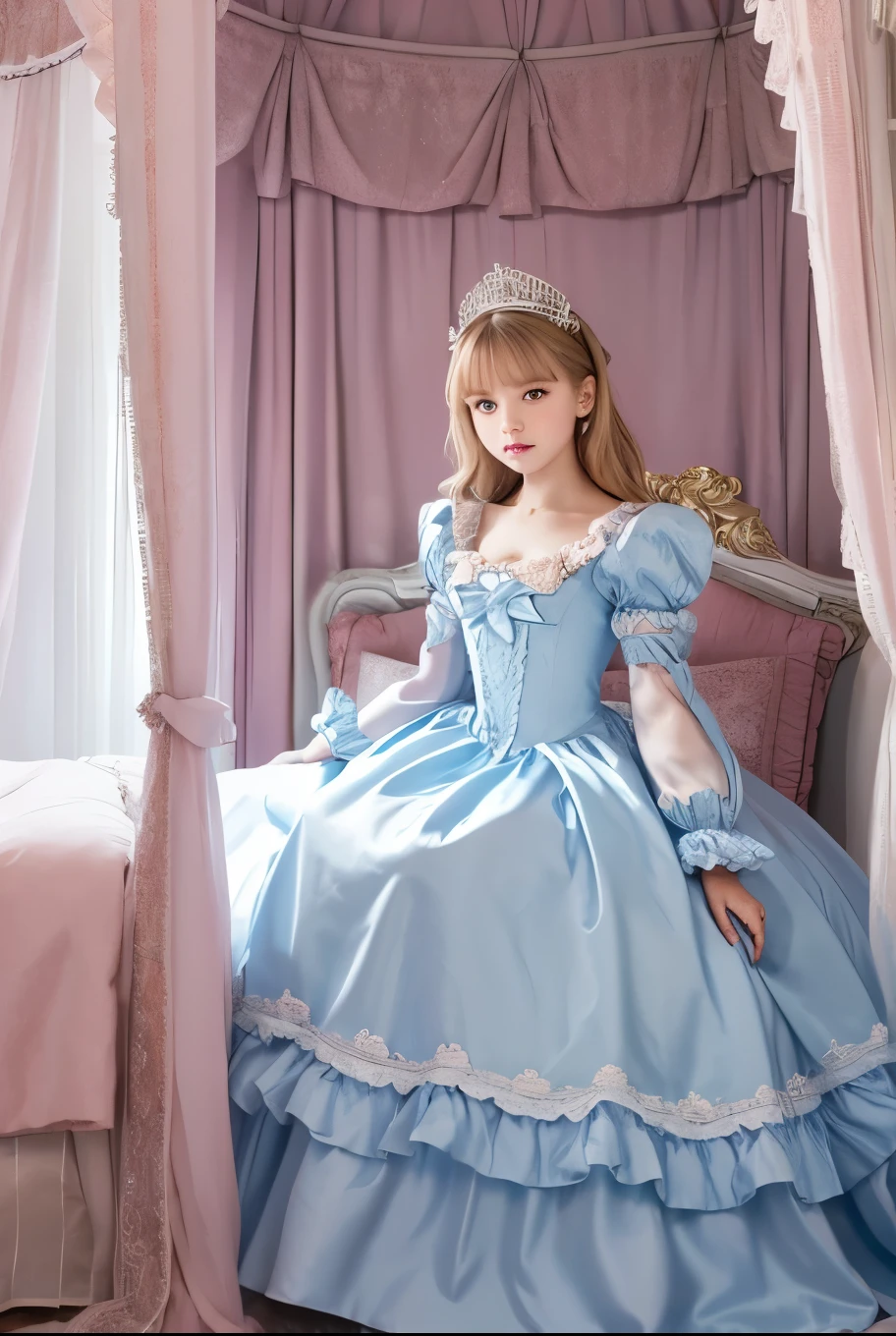 highest quality, masterpiece, highest resolution, artwork, super それにget used to it, many get used to it, get used to it, それにget used to it, 3k realistic pictures,,((12 year old little girls)),Ultra-detailed juvenile face,ultra-detailed beautiful little girls,girls are princess,full length ball gown dress with hoop skirt,ruffled yoke collar,puff sleeves,long sleeve,((Lolita style light blue detailed princess satin dress with lots of ruffles and ribbons)),Rococo style lolita fashion,shiny satin dress,Soft and smooth fabric,detailed princess dress,luxury,long blonde hair,blue eyes,white skin european,Pajama,((in the bedroom of the palace)),luxury princess canopy king size pink bed,shiny satin sheets,ultra-detailed princess bed,High-quality background,lot of frilled pillows,on the bed,