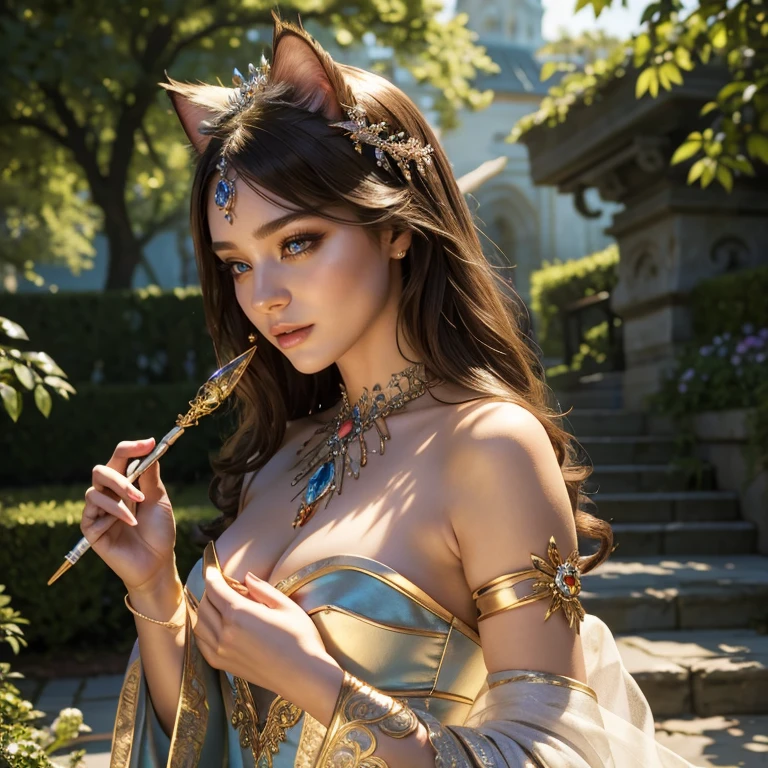 (​masterpiece, best quality:1.5), highest quality, High resolution, super detailed, Realists, Upper body photo of a brunette sorceress, detailed and beautiful eyes, beautiful detailed lips, very detailed eyes and face, longeyelashes, shiny satin dress, Holds a magic wand in his hand and performs eine Transformation spell. Beautiful and colorful makeup, elegant and noble々The jewelry bag, Gardens as background, soft daylight, bright colors, fine brushstrokes, Portrait style, Silk dress fabric, beautiful color palette, glowing skin, First-class rendering, that captures every detail, enchanting atmosphere, subtle shadows and lights, (perfect anatomy:1.2), (The stunning sorceress transforms a cat into a princess (eine Transformation):1.4), (magnificent panorama view:1.2)