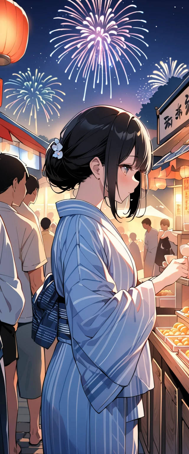 (((masterpiece))),(((Highest quality))),((Very detailed)),Side view,night,stall,Summer festival,Riverbank,a lot of people,firework,friend,yukata,16 year old girl with black hair,8k, Super Detail,(10 meters away),Particles of light,The whole scene is shining'S