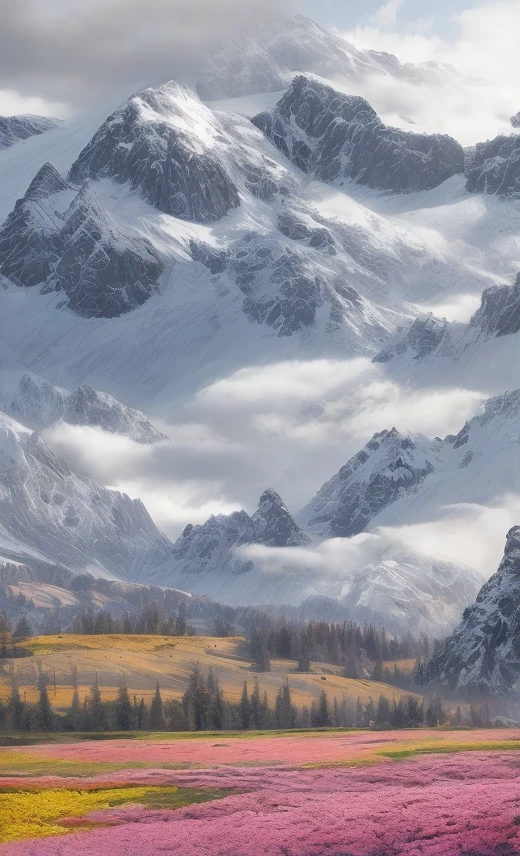 snow-capped mountains and pink flowers in a field, ryan dyar, snowy mountains, Alps, mountainous landscape, Cloudy mountains, silvain sarrailh, snowy peaks, matte painting 4k, Jessica Rossier fantasy art, Marcos Adams, matte painting 4k 8k, Highly detailed textured 8k, highly detailed texture 8k, jessica rossier color scheme