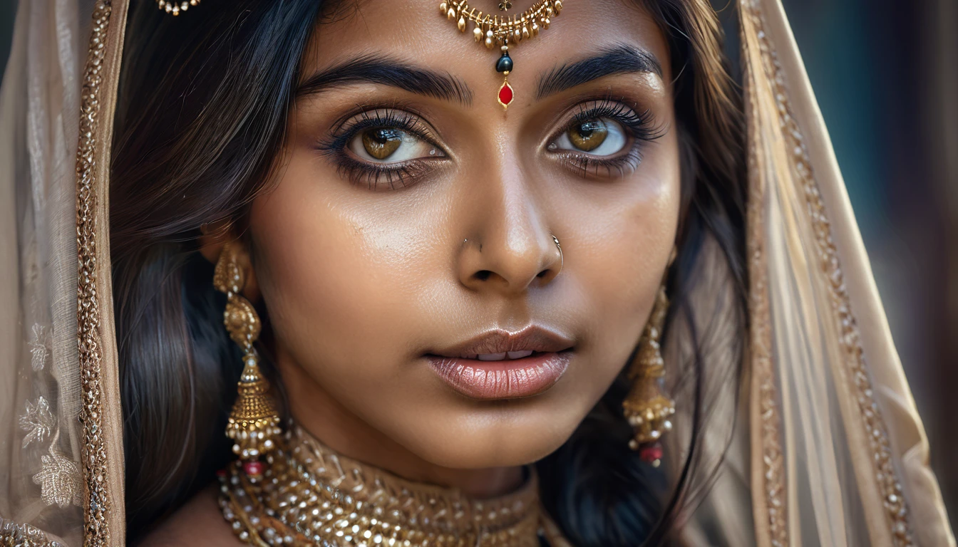 a beautiful mysterious indian woman , western style, intricate detailed face, piercing eyes, long eyelashes, delicate skin, natural beauty, flowing hair, candid elegant pose, dramatic lighting, cinematic mood, muted color palette, chiaroscuro lighting, high quality, photorealistic, 8k, intricate details, professional rendering