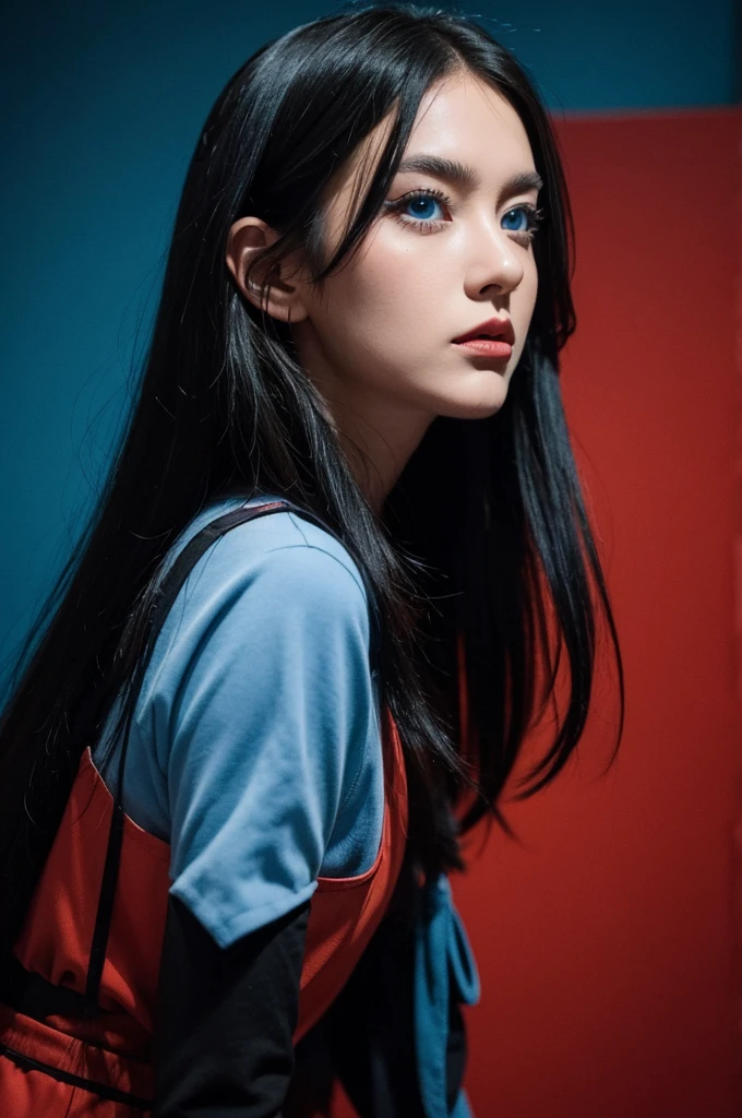 Crow turned girl blue eyes old comic style black and red background portrait