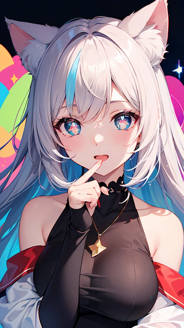 (masterpiece, Highest quality), ((One girl, (Mature Woman) Long Hair), (Star-shaped pupils,  +_+, Symbol-shaped pupil, Sparkling eyes), (Cat ear, Open your mouth)), (View your viewers, A light smile, Off the shoulder), (Abstract, Multicolored background, Abstract background, chromatic aberration),