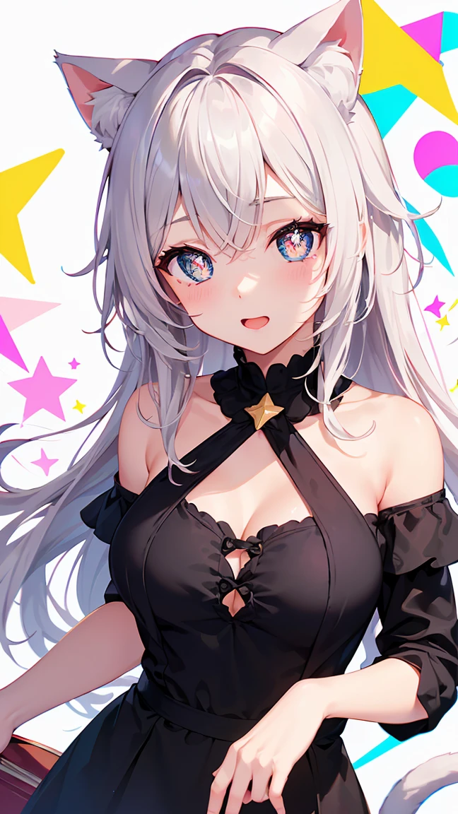 (masterpiece, Highest quality), ((One girl, (Mature Woman) Long Hair), (Star-shaped pupils, +_+, Symbol-shaped pupil, Sparkling eyes), (Cat ear, Open your mouth)), (View your viewers, A light smile, Off the shoulder), (Abstract, Multicolored background, Abstract background, chromatic aberration),