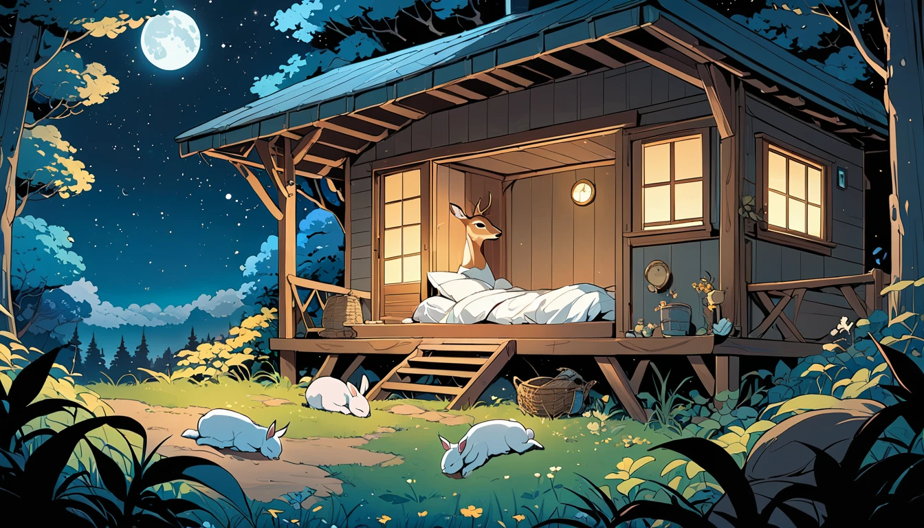 A stunning cartoon anime scene，Late Night，The sky is deep blue，A sky full of stars。A cabin in the forest，A nest，A gray rabbit，A little deer，Sleeping together。8k，high quality，Rich details。