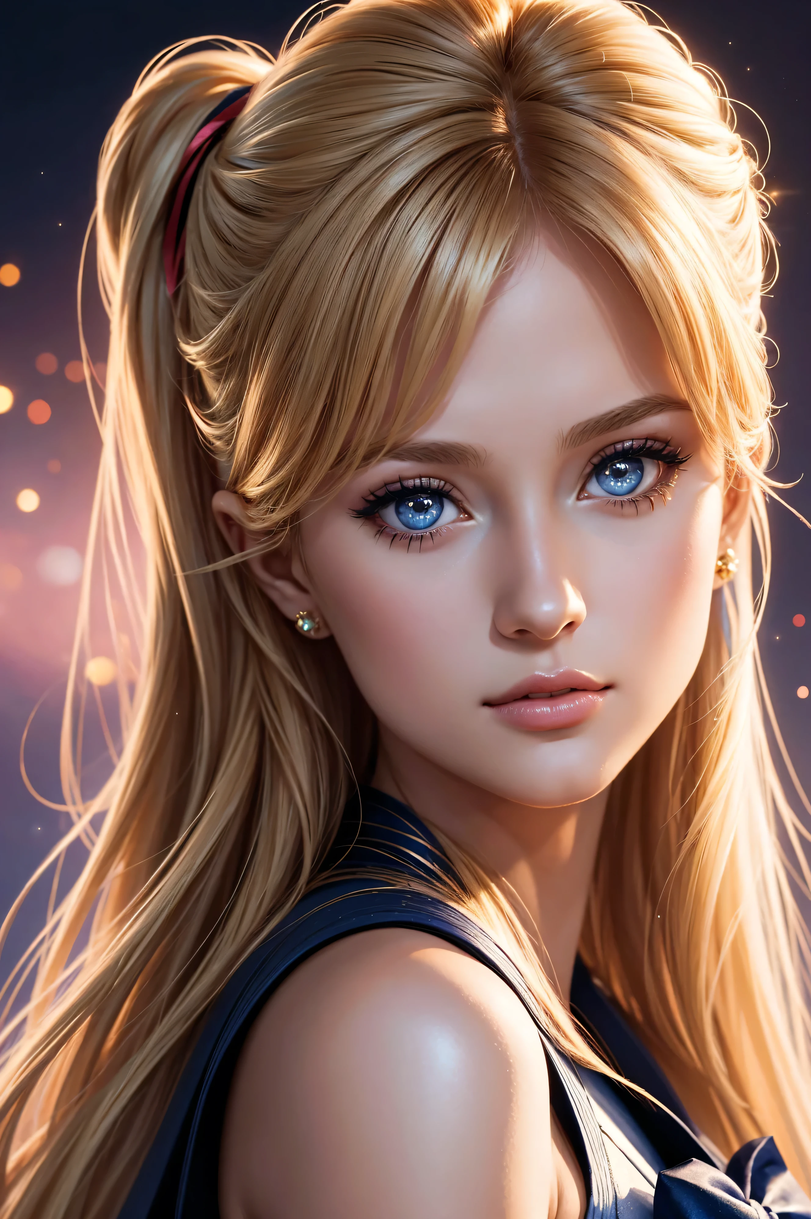 portrait Paris Hilton, wearing sailor moon costume, against the background of the anime "Sailor Moon", character portrait, 3 9 9 0 s, wavy hair, intricate, elegant, highly detailed, digital painting, artstation, concept art, smooth, sharp focus, illustration, art by wlop, charlie bowater and alexandra fomina, 36k, glittering, shining, correct anatomy