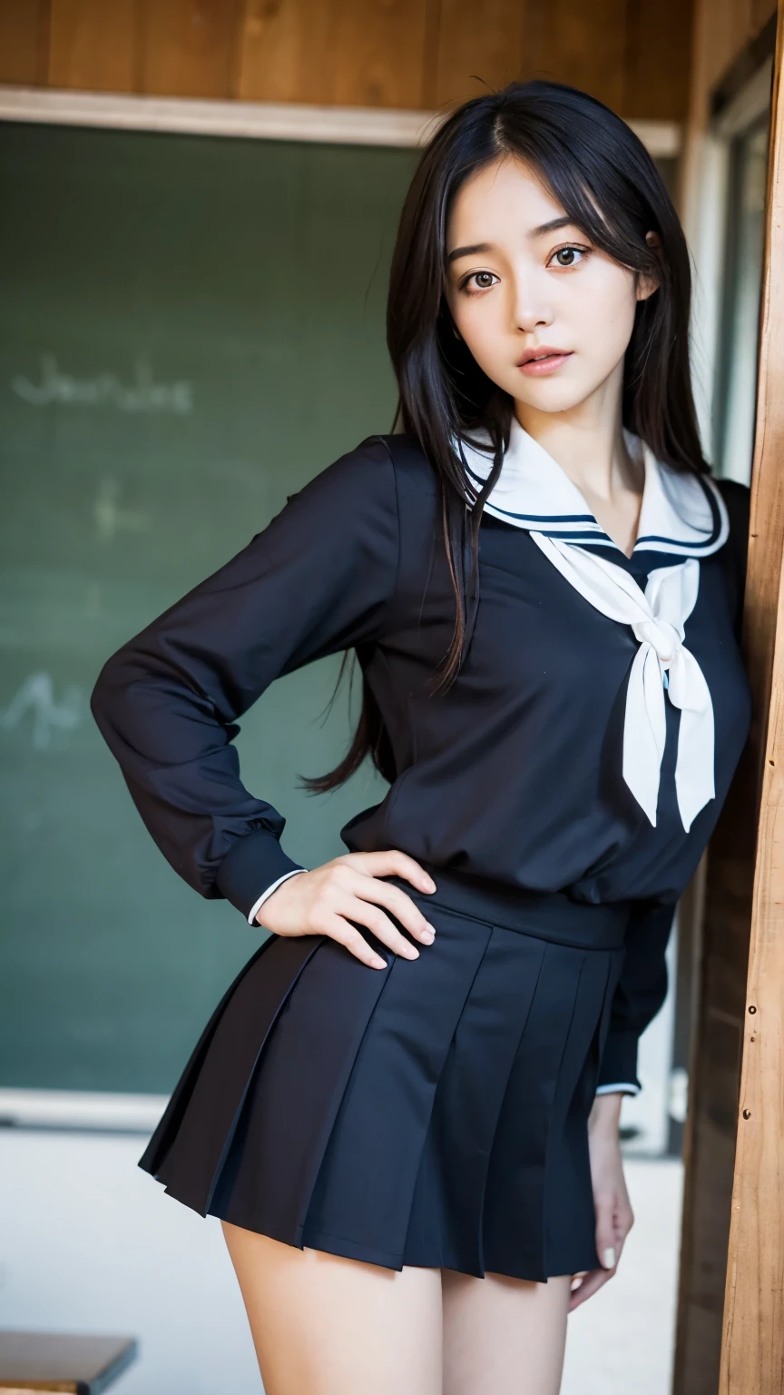 ((masterpiece)), ((best quality)), ((ultra-detailed)),((hyperrealistic)),(japanese cute girl),(shiny skin),1girl,(forehead),black hair,long hair,(black big eyes,tareme,droopy eyes),(small breasts),15 years old,dynamic angle,(((blush,in heat))), cheeks,neat and clean,(sailor uniform ,serafuku,school uniform),miniskirt,arms behind back,school,classroom,
