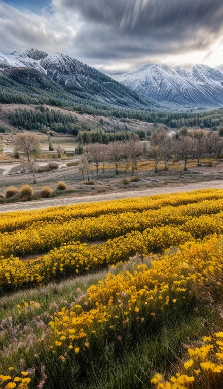 Flower field with butterflies and snowy mountains and a partly cloudy day, beautiful view, overview 