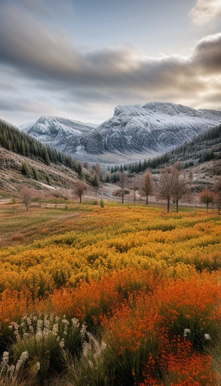 Flower field with butterflies and snowy mountains and a partly cloudy day, beautiful view, overview 