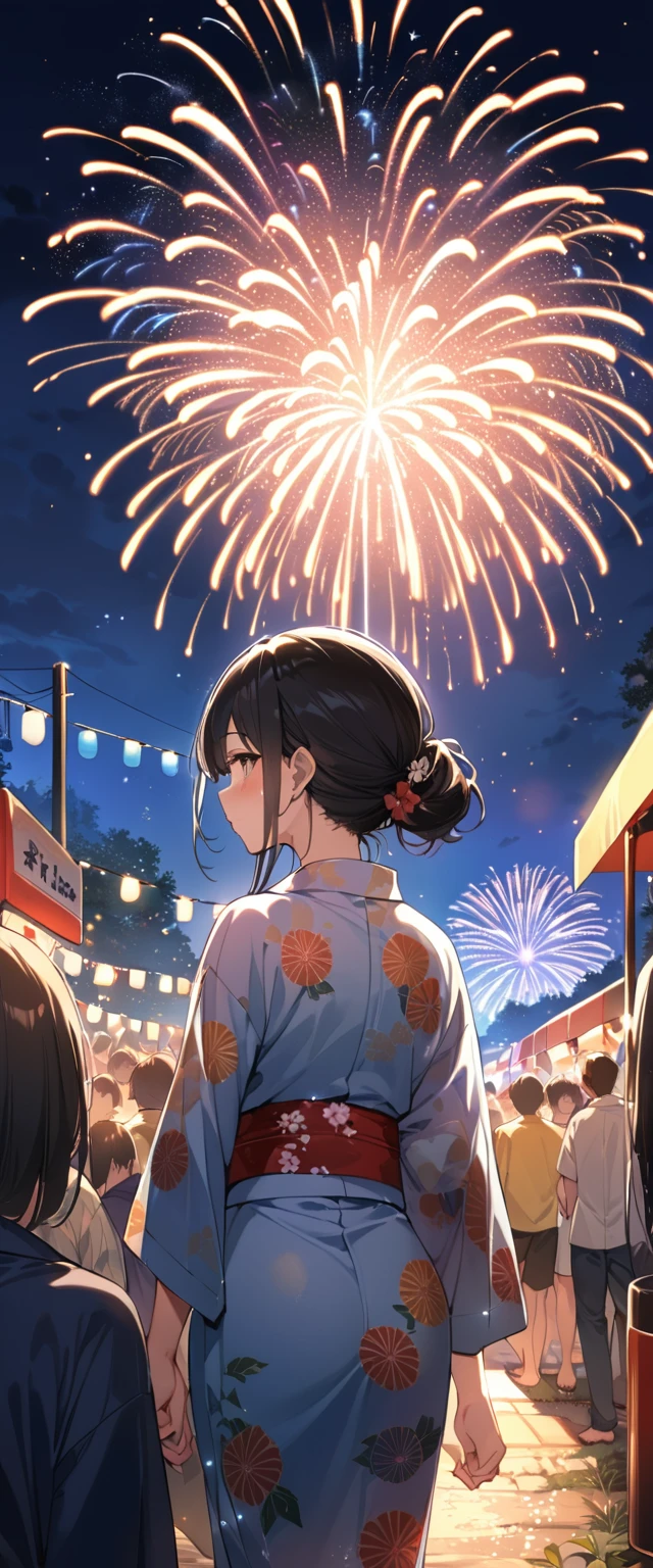 (((masterpiece))),(((Highest quality))),((Very detailed)),Side view,night,Summer festival,Riverbank,a lot of people,firework,friend,yukata,16 year old girl with black hair,8k, Super Detail,(10 meters away),Particles of light,The whole scene is shining'S
