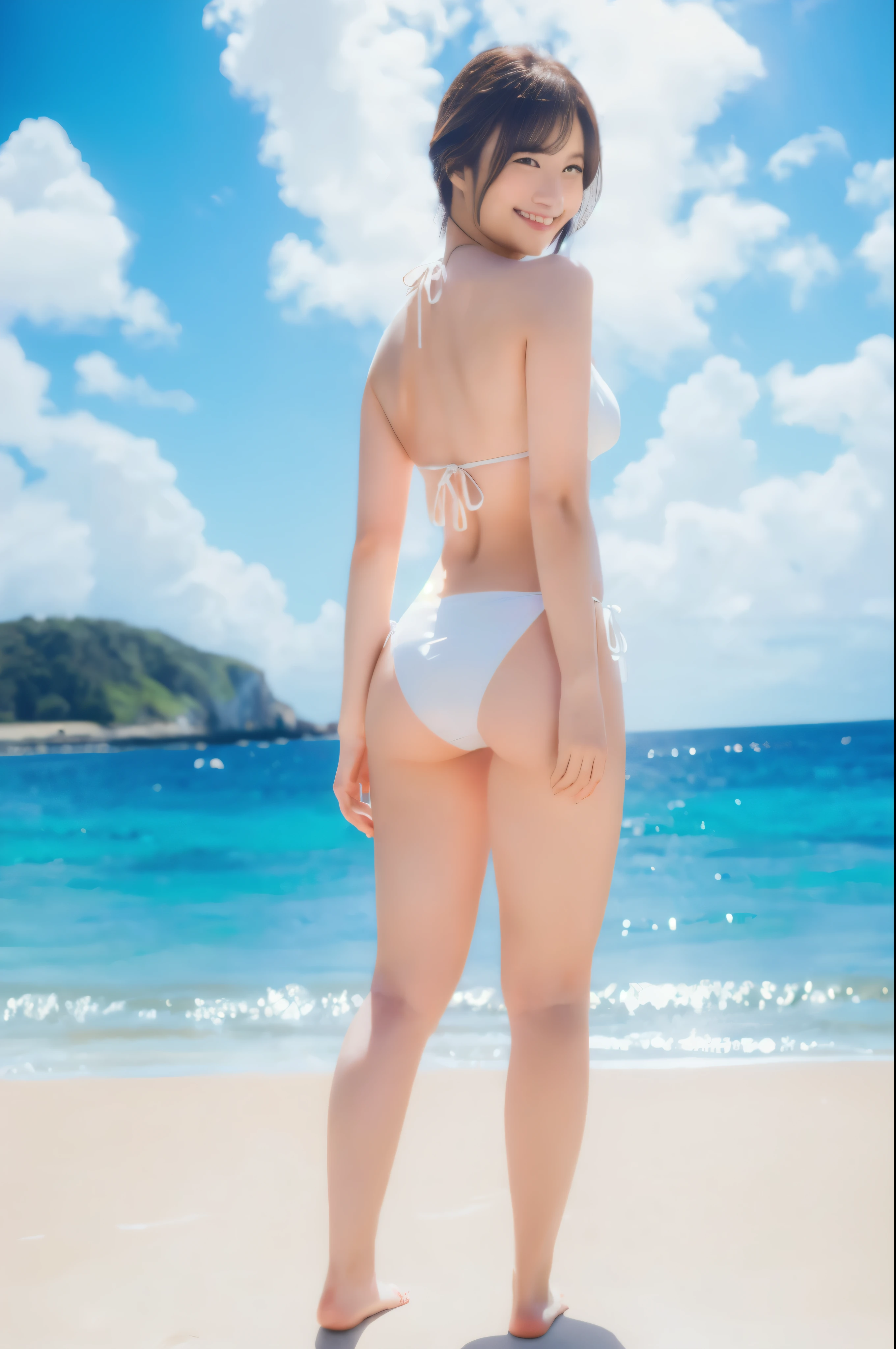there is a woman in a white bikini standing on a beach, realistic bikini, photorealistic perfect body, on a sunny beach, standing at the beach, in the beach, posing on the beach, on a sunny day, photorealistic anime girl render, girl on the beach, on a beach, realistic young gravure idol, at a beach, deayami kojima, happy smile,