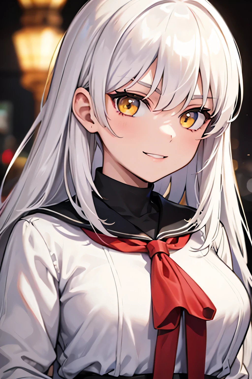 a student girl, white hair, yellow eyes, serious smile