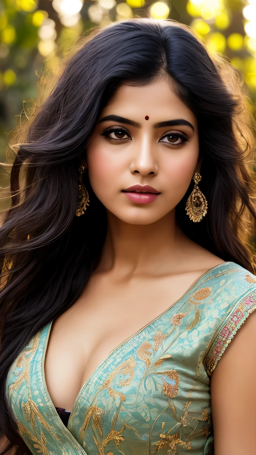 By john singer Sargent,Beautiful Indian women, wearing sa vibrant intricate detailed saree, embroidery, intricate patterns, rococo, disheveled hair, messy hair, beautiful hair, high cheek bones, big , gigantic breast, cleavage, temple, trees, sunrays, Photorealistic, highly detailed, Nikon d850 50mm, by john singer Sargent, dreamy, dreampunk,