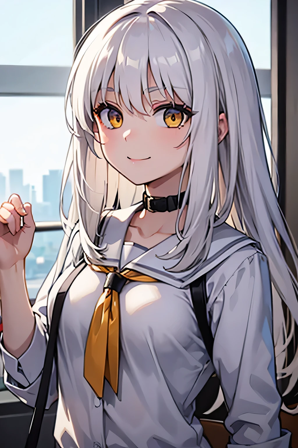 a student girl, white hair, yellow eyes, serious smile