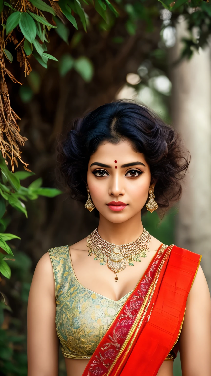 By john singer Sargent,Beautiful Indian women, wearing sa vibrant intricate detailed saree, embroidery, intricate patterns, rococo, disheveled hair, messy hair, beautiful hair, high cheek bones, big , gigantic breast, cleavage, temple, trees, sunrays, Photorealistic, highly detailed, Nikon d850 50mm, by john singer Sargent, dreamy, dreampunk,