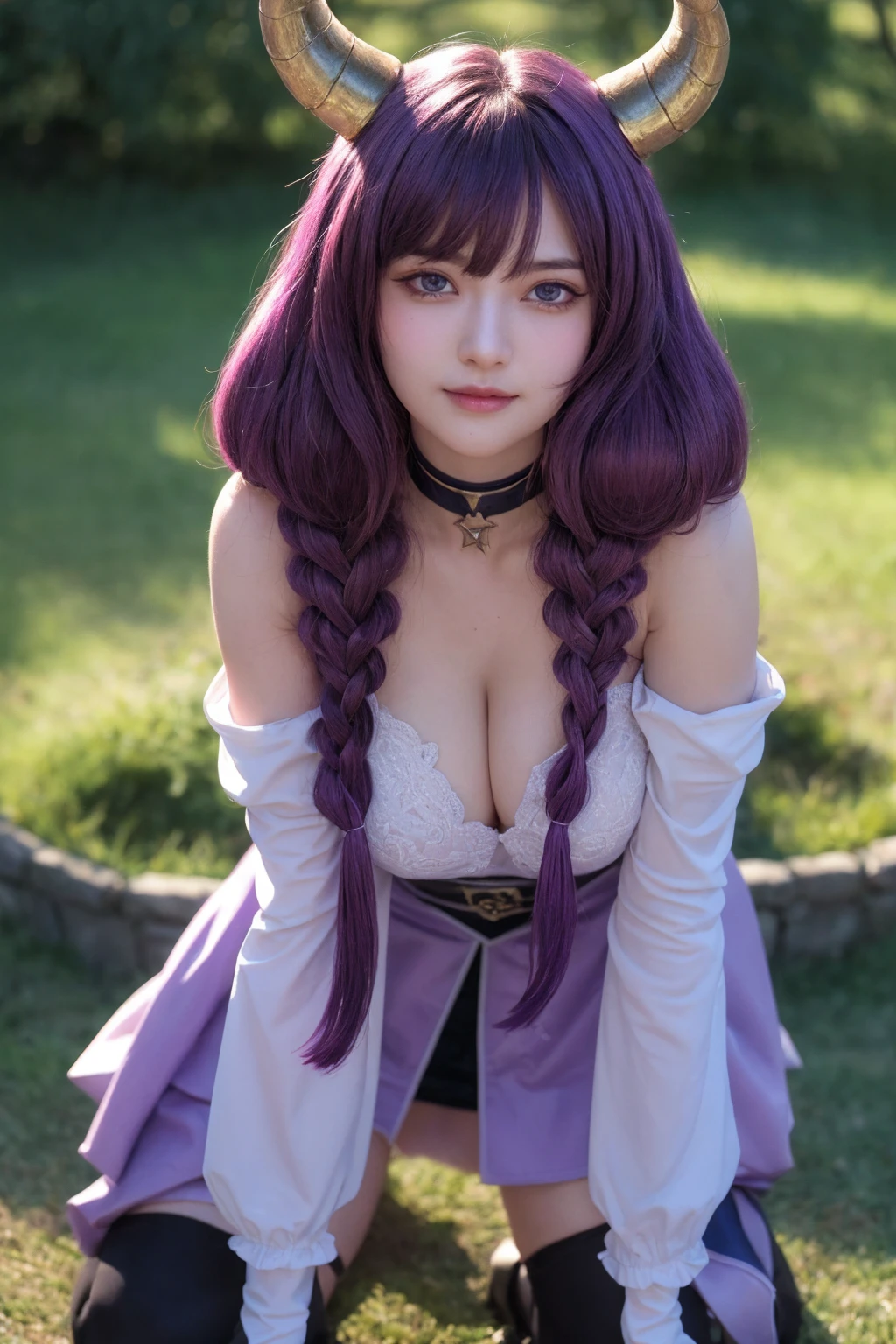 aura the guillotine,
aura the guillotine, long hair, (purple eyes:1.1), purple hair, braid, horns, twin braids, smile,
skirt, thighhighs, gloves, choker, black gloves, elbow gloves, magical girl,
outdoors,
looking at viewer,
(masterpiece:1.2), best quality, high resolution, unity 8k wallpaper, (illustration:0.8), (beautiful detailed eyes:1.6), extremely detailed face, perfect lighting, extremely detailed CG, (perfect hands, perfect anatomy),