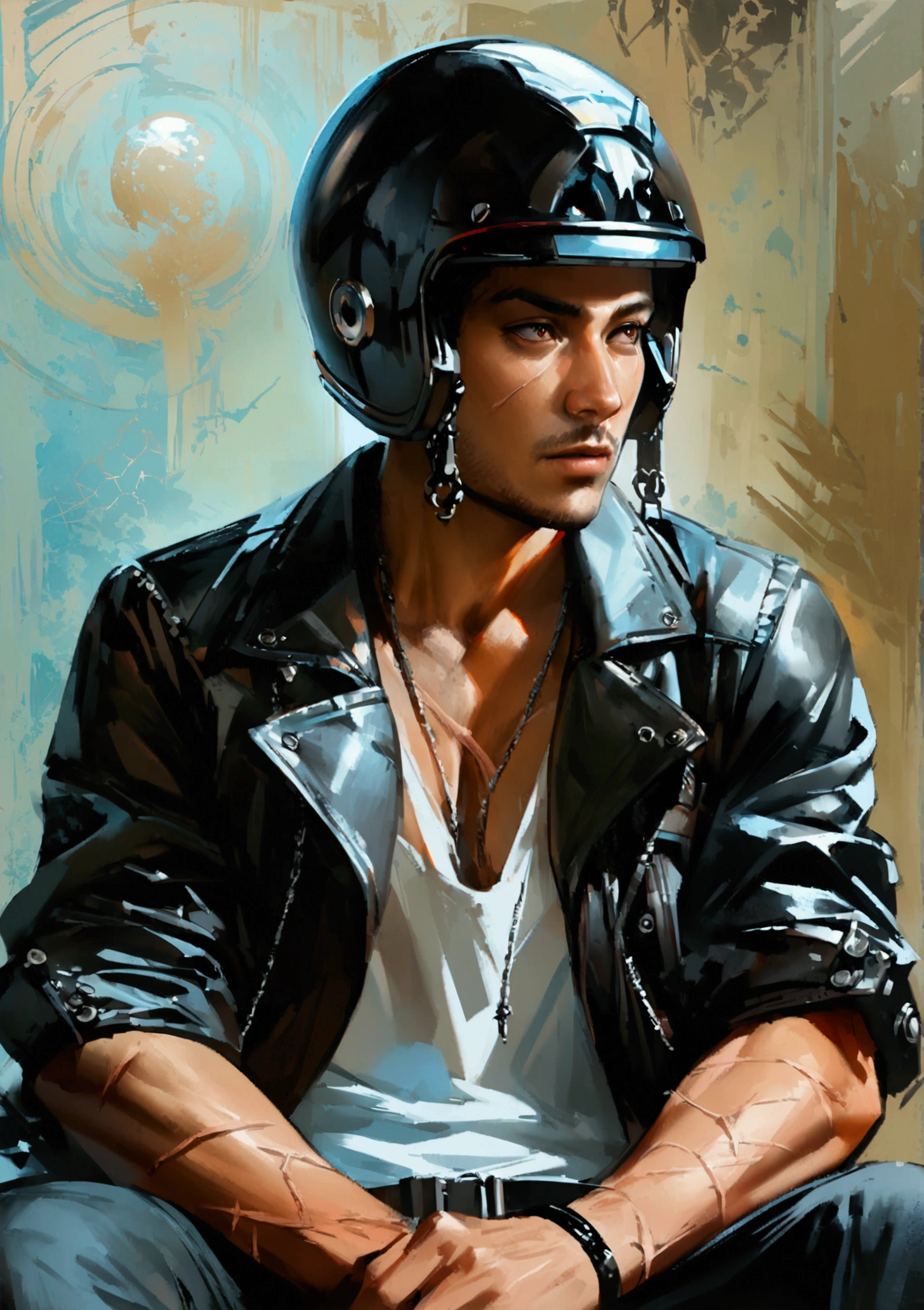 Realistic Digital Painting with Concept Art Elements"," digital painting," "concept art," "realistic," "high detail", "muscular",, "high-res", "ominous aura,", "8k resolution", "oil painting", "darker tone" , "little saturation" ,"dark feeling", "concept art" , "detailed features" , "detailed eyes" "1man" , "sitting" , "attractive", (masterpiece), best quality, Male, black leather jacket, black pants with chains, portrait, white t-shirt, handsome, nonchalant and tired, sexy, muscular, scars across chest, biker, "wearing a biker helmet" "face covered with a biker's helmet"