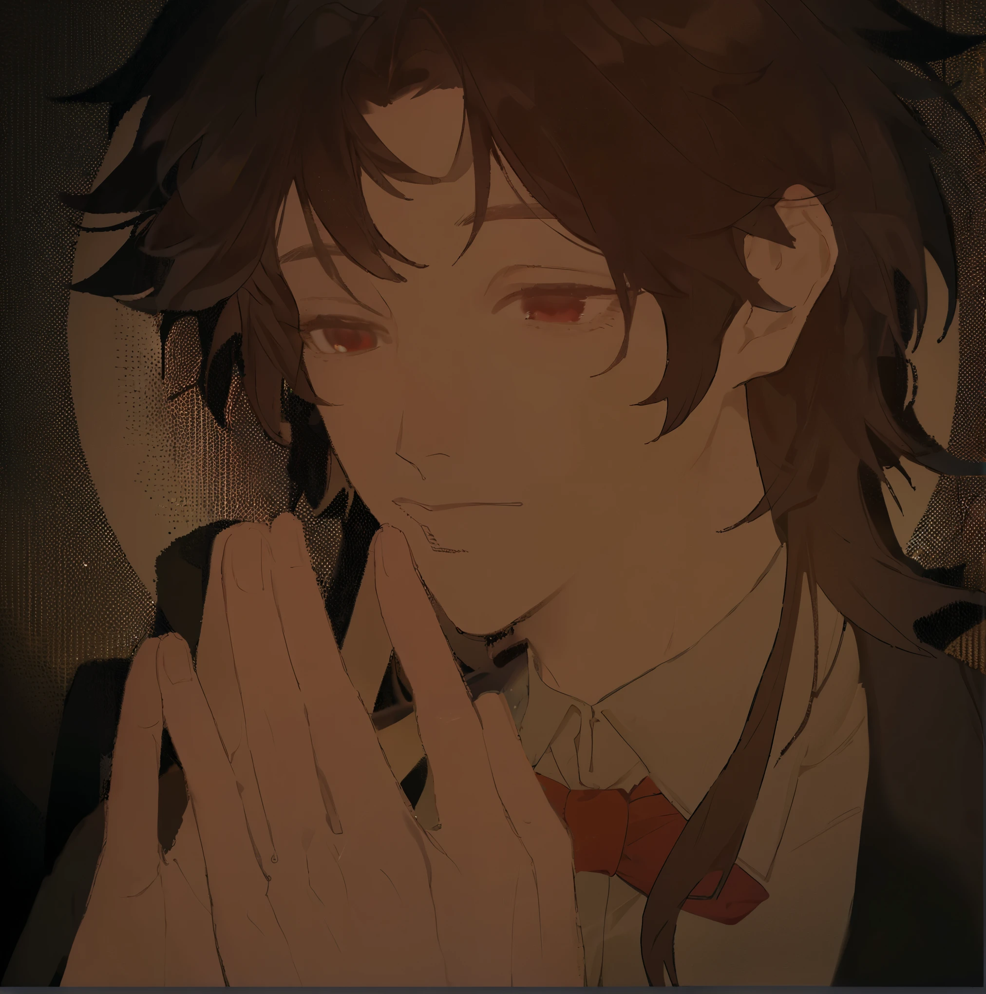 Man with folded hands，Man in suit，Red bow