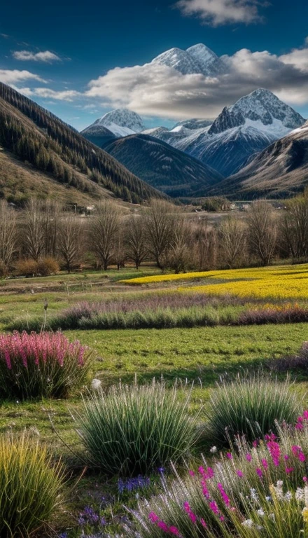 Flower field with butterflies and snowy mountains and a partly cloudy day, beautiful view, overview 