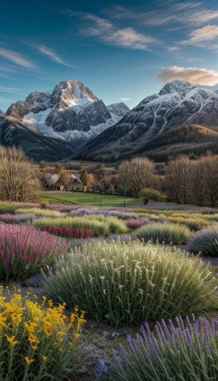 Flower field with butterflies and snowy mountains and a partly cloudy day, beautiful view, overview 