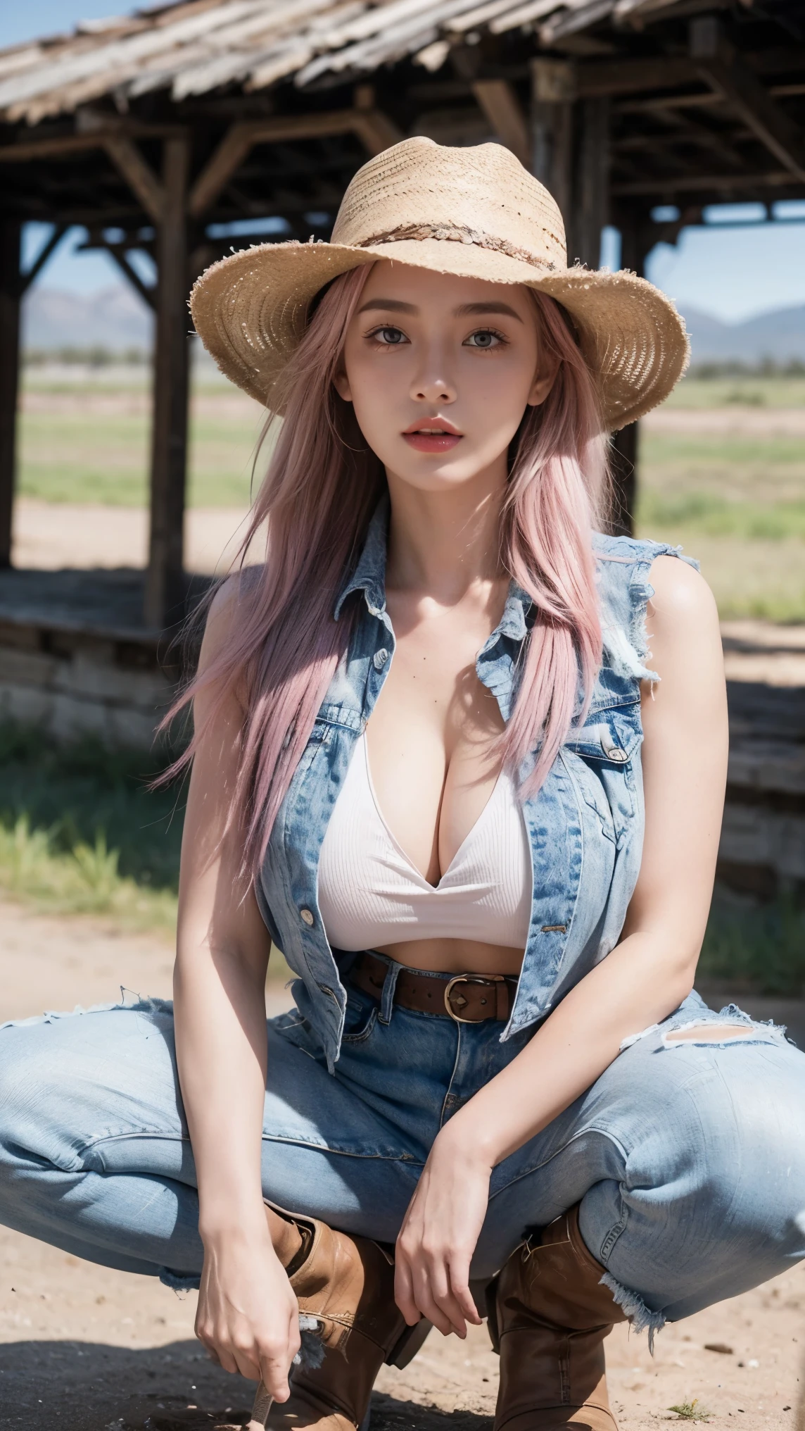 A striking, ultra-realistic photograph, capturing a young woman (natural big breast), clevage, holding lasso, squat pose, with pink hair, freckles, and blue eyes, dressed in authentic cowboy attire. Her outfit includes a stylish cowboy hat, fringed vest, denim vest and boots, which stand out against the rugged western landscape or weathered rural buildings in the background. The intricate details of her clothing and the texture of her skin are in sharp focus. The bright pink color of her hair contrasts well with the earthy hues of her clothes. Her intense gaze and the depth of her character are clearly visible, adding authenticity and drama to the scene. This photo excellently captures the essence of the western lifestyle and the spirit of the young woman, who is ready to take on any challenge with her unique style and determination.