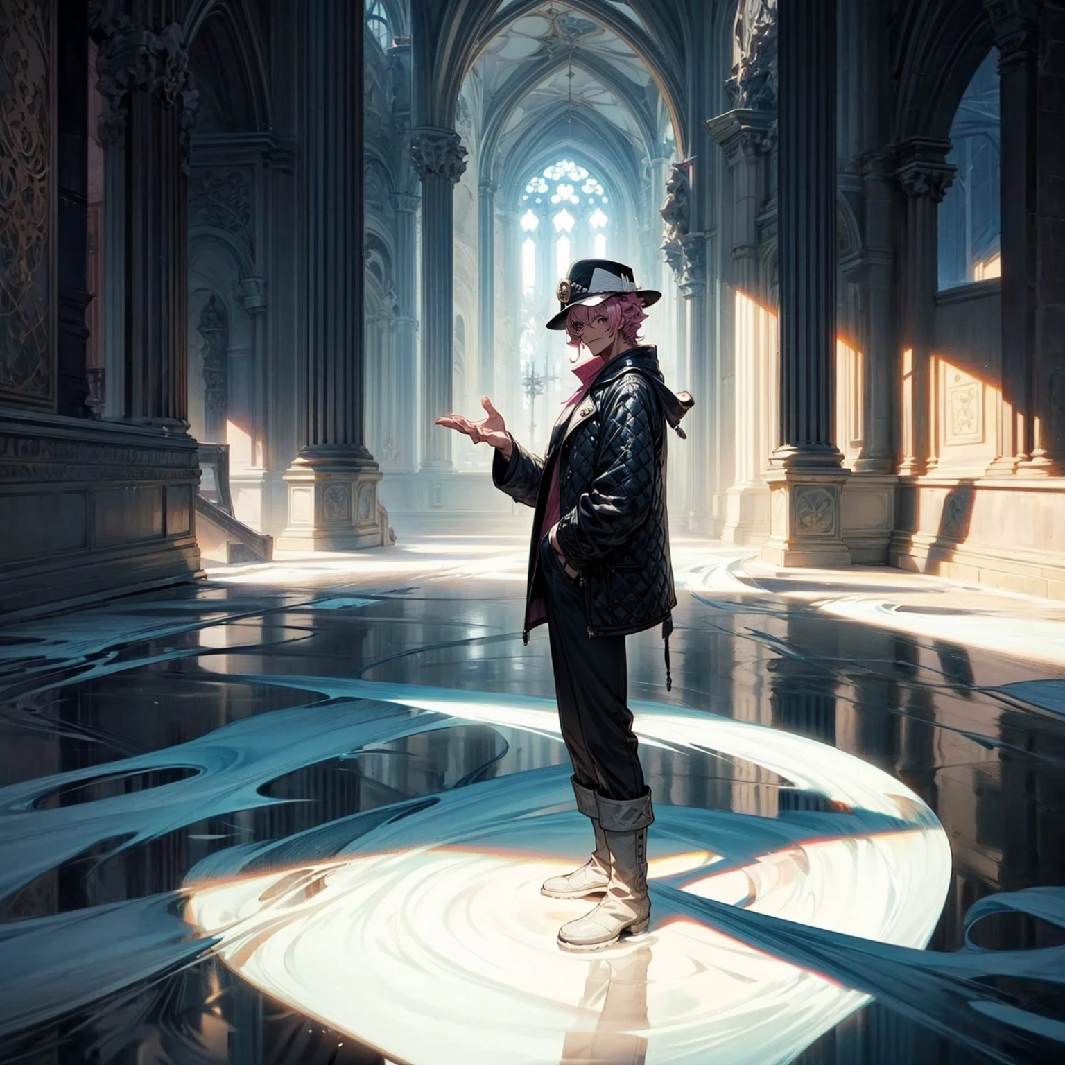 Solo character, full body version, aged man, black eyes, hat, pink color hair, Curly hairstyle, sunglasses, casual clothing, white boots, detailed shadow, (one piece style art), indoor room ice, cathedral, ice floor, Nitrogen smoke, glow ice effect, standing gesture, hand ice, ice magic