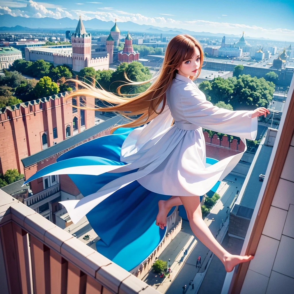 blue sky, evening light, (Aerial View of Kremlin complex of buildings:1.6), ((young Beautiful woman is Floating in the Air)), white thin silk dress, (Detailed beautiful and cute face), wide angle lens f/2.8, ultra insane high resolution intricate textures, texture indentation, perfect perspective, perfect geometry, in another dimension worlds, fire all around, energy fields, (luminism), ultra detailed busy background, tessellation, maximalism, perfectionism, IPA Award wining masterpiece