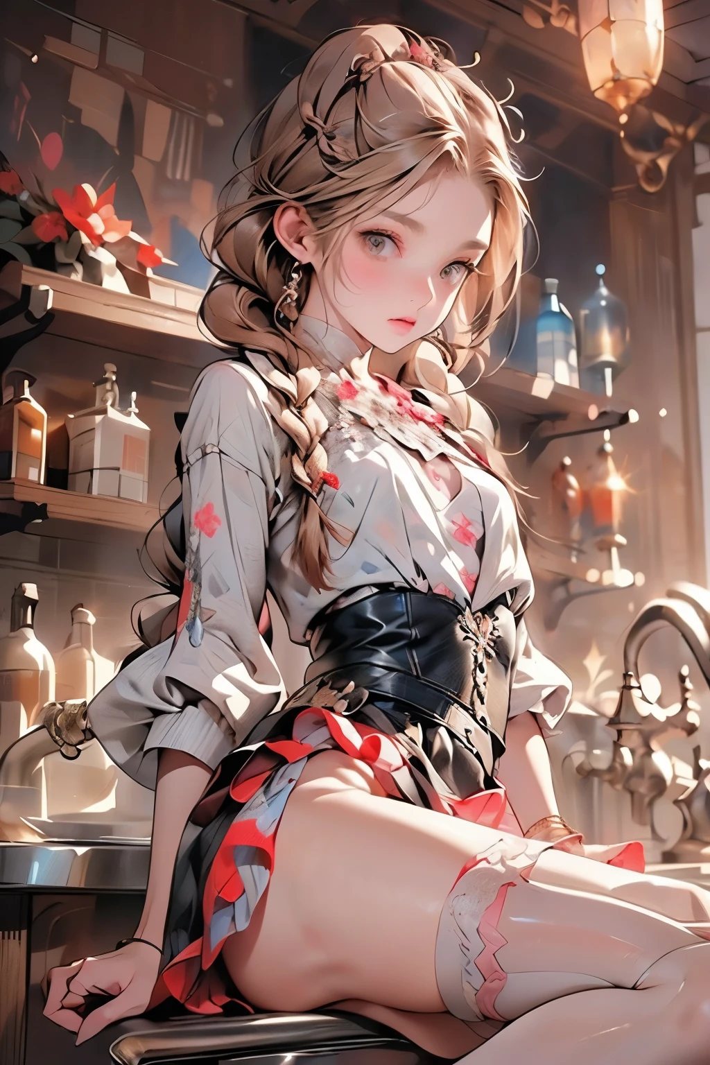 ((best quality)), ((masterpiece)), (detailed), 1girl, (big forhead:1.2),extremely detailed cute anime face, (((flat chest))), (flat chest:1.1),((((long twin braids,tight braids,long braid,braided hair,long hair)))),intricate eyes,beautiful detailed eyes,symmetrical eyes,(((detailed face))),beautiful detailed lips, dynamic pose, looking at this, resolved, resolute, highres,(best quality),(ultra detailed,extremely detailed),perfect face details, ((masterpiece:1.4, best quality))+, (ultra detailed)+, long twintails, cute girl, (flat chest:1.1), small breasts, slim body, skinny, prominent collarbones, skinny arms, flat stomach, visible hip bones, long hair, red hair, white hair, blonde hair, dark hair, ponytail, thick ponytail, heavy ponytail, small breasts, perfect face, small breasts (flat chest:1.1), Detailed body,Full limbs, (flat chest:1.1), (Armor shaped like a skeleton:1.3), terrifying, nightmarish, cosmic horror, a heavenly female knight, red and white clothing, occult aesthetic, occult, detailed and intricate steampunk and detailed gothic, Fluttering lace flared long knee length dress with frilly petticoats, knee length dress, pleated petticoats, petticoats gothic, complex lace boots, gothic aesthetic, wielding a mighty sword with mechanical components, mandalas, full body, whole body, body, chains,