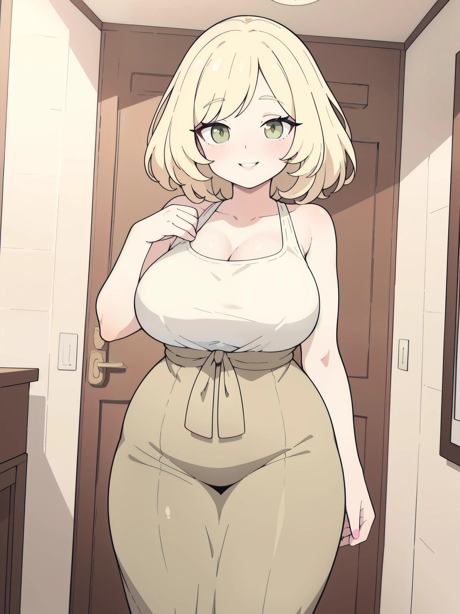 masterpiece, best quality, ultra-detailed, highres, best illustration, 8k), portrait of 1 mature tall adult woman (she is a mom), blonde medium hair, olive green eyes with eyeliner makeup,summer dress in light pastel colors, plump pink lips, looking at viewer, skinny figure with medium sized breasts, wide hips, indoors, smiling expression, blushing, light makeup with pink lipstick, adult proportions, plump 