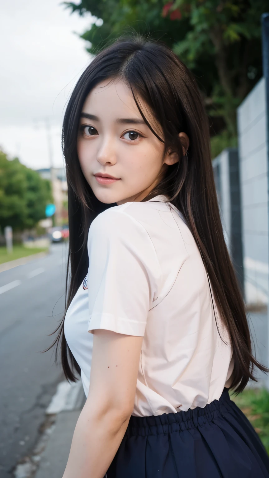 ((masterpiece)), ((best quality)), ((ultra-detailed)),((hyperrealistic)),(japanese cute girl),(shiny skin),1girl,(forehead),black hair,long hair,(black big eyes,tareme,droopy eyes),(small breasts),,dynamic angle,(((blush,in heat))), cheeks,neat and clean,(sailor uniform ,serafuku,school uniform),miniskirt,arms behind back,school,classroom,
