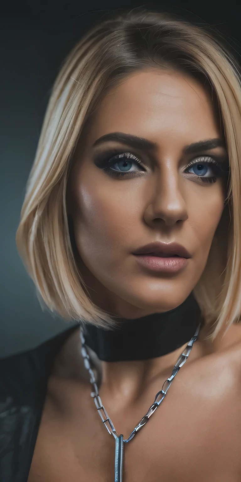 A beautiful, glamorous woman in her mid 30s, with short blonde hair, striking dark makeup, and an open, beautiful breast,cyberpunk inspired pose showcasing her intricate details and deep cleavage. Captured from a low angle perspective, the image exudes a sense of confidence and allure. (best quality,4k,8k,highres,masterpiece:1.2),ultra-detailed,(realistic,photorealistic,photo-realistic:1.37),beautiful detailed eyes,beautiful detailed lips,extremely detailed eyes and face,longeyelashes,portrait,glamour,cyberpunk,chains,deep cleavage,short blonde hair,dark makeup,open pose,low pov,closeup