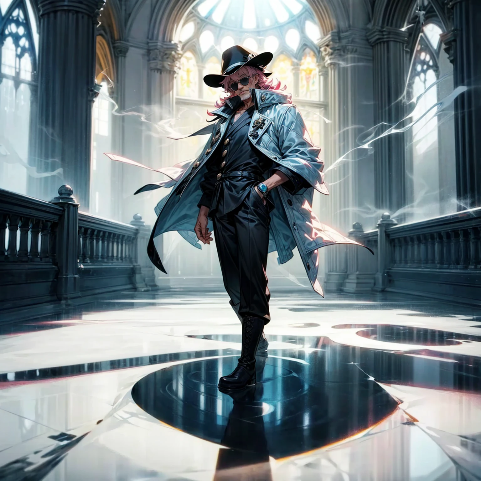 Solo character, full body version, aged man, black eyes, hat, pink hair, Curly hairstyle, sunglasses, casual clothing, white boots, detailed shadow, (one piece style art), indoor room ice, cathedral, ice floor, Nitrogen smoke, glow ice effect, standing gesture, hand ice, ice magic