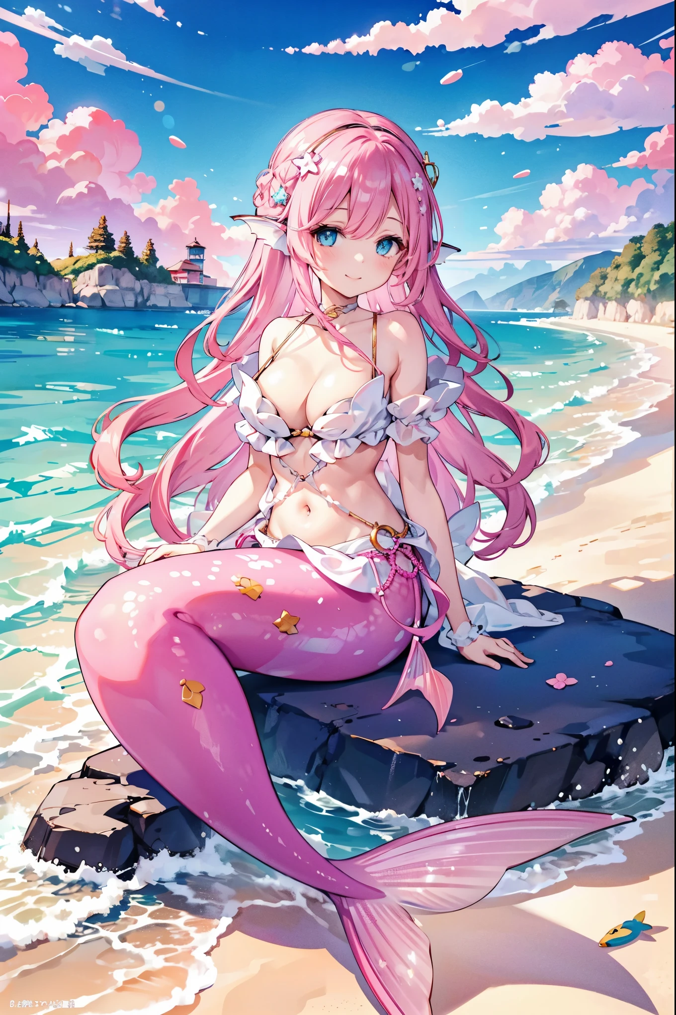 masterpiece, best quality,A girl,Pink Hair,Hair accessories,White Dress,blue eyes,Head fin,solo,Large Breasts,Mermaid,粉色的Mermaid尾巴,full-body shot,beach,Sea view,sit on the chair,Holding popsicles,charming face(Kawaii, charming,Soft),Smile,