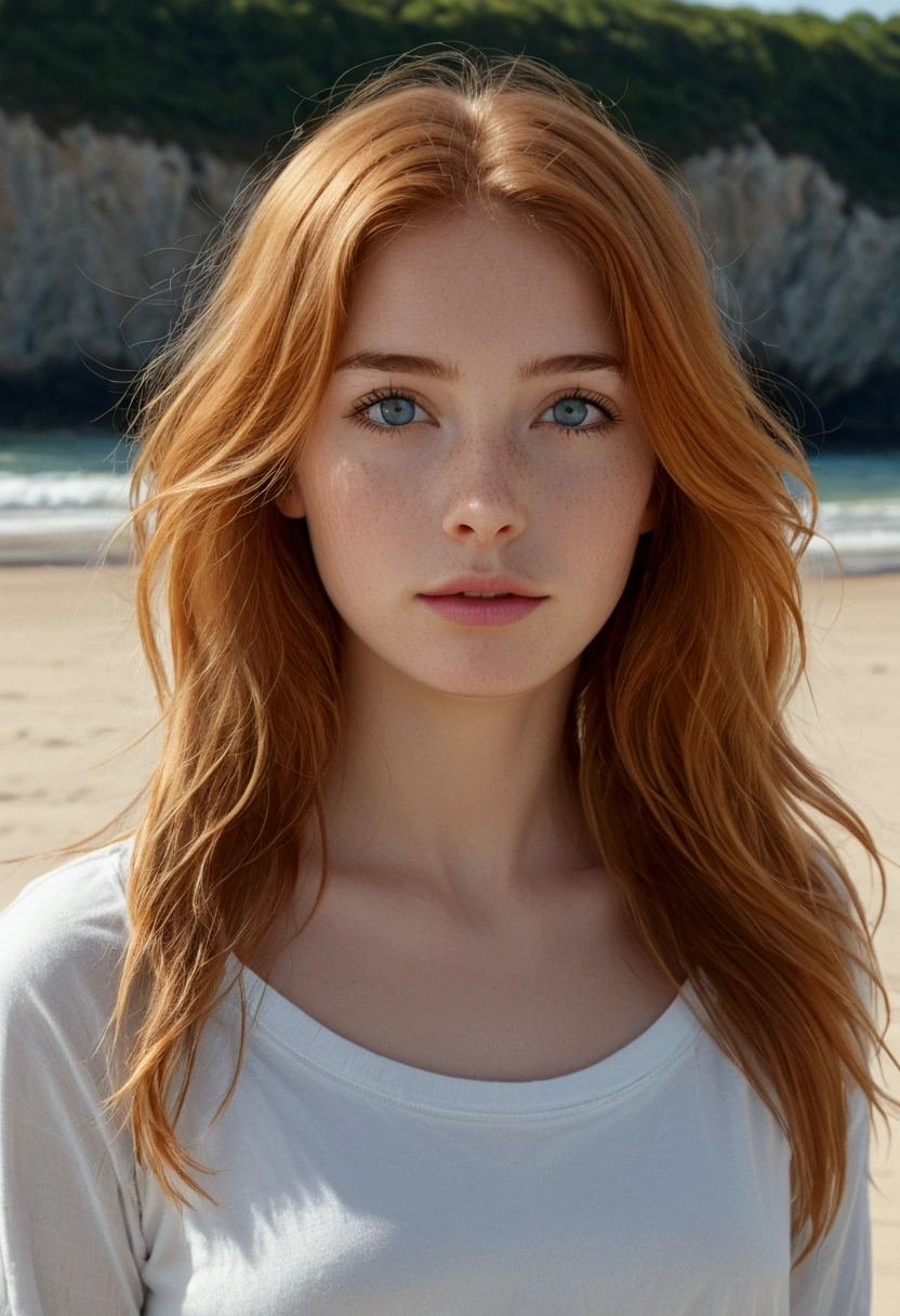 (sharp focus:1.2), photo, attractive young woman, long ginger hair, (beautiful face:1.1), detailed eyes, gray realistic eyes, wavy hair, lush lips, (big eyes:1.0), in one (beach:1.2). (grumpy lighting: 1.2), depth of field, bokeh, 4K