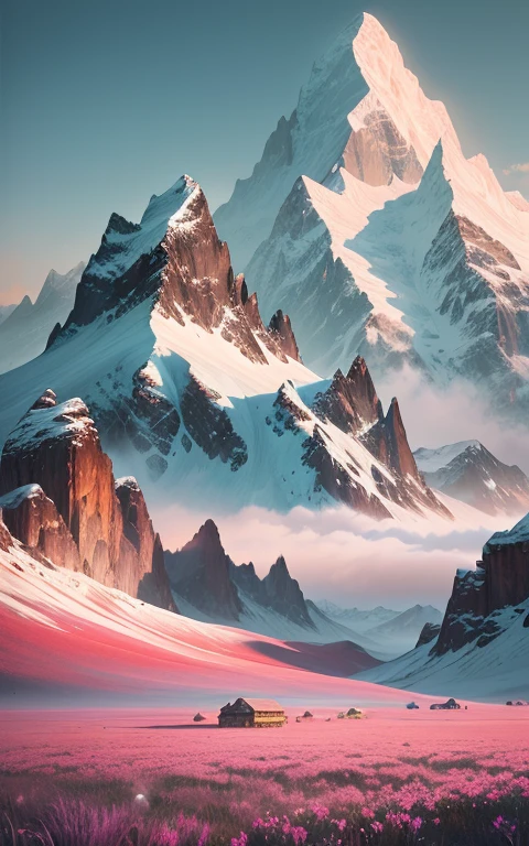 snow-capped mountains and pink flowers in a field, ryan dyar, snowy mountains, Alps, mountainous landscape, Cloudy mountains, silvain sarrailh, snowy peaks, matte painting 4k, Jessica Rossier fantasy art, Marcos Adams, matte painting 4k 8k, Highly detailed textured 8k, highly detailed texture 8k, jessica rossier color scheme
