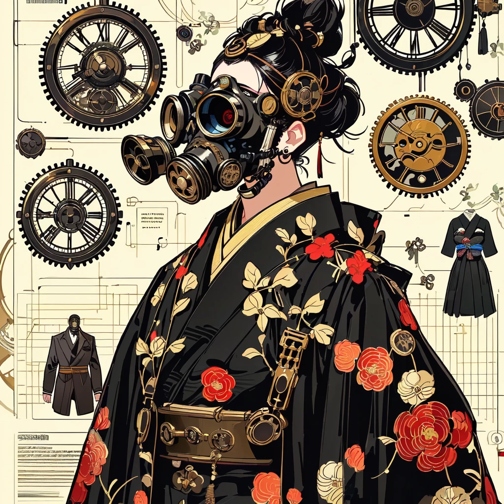 There is a woman wearing a gas mask and a black kimono., gas mask in ukiyo-e style, detailed Steampunk illustration, jc leyendecker and sachin teng, Clockwork Woman, Very beautiful cyberpunk samurai, Steampunk illustration, Cyberpunk Geisha, Cypherpunk Fashion Illustration, sachin teng, Steampunk illustration, Ornamental Gothic - Cyberpunk, Fashionable cyberpunk mechanoids