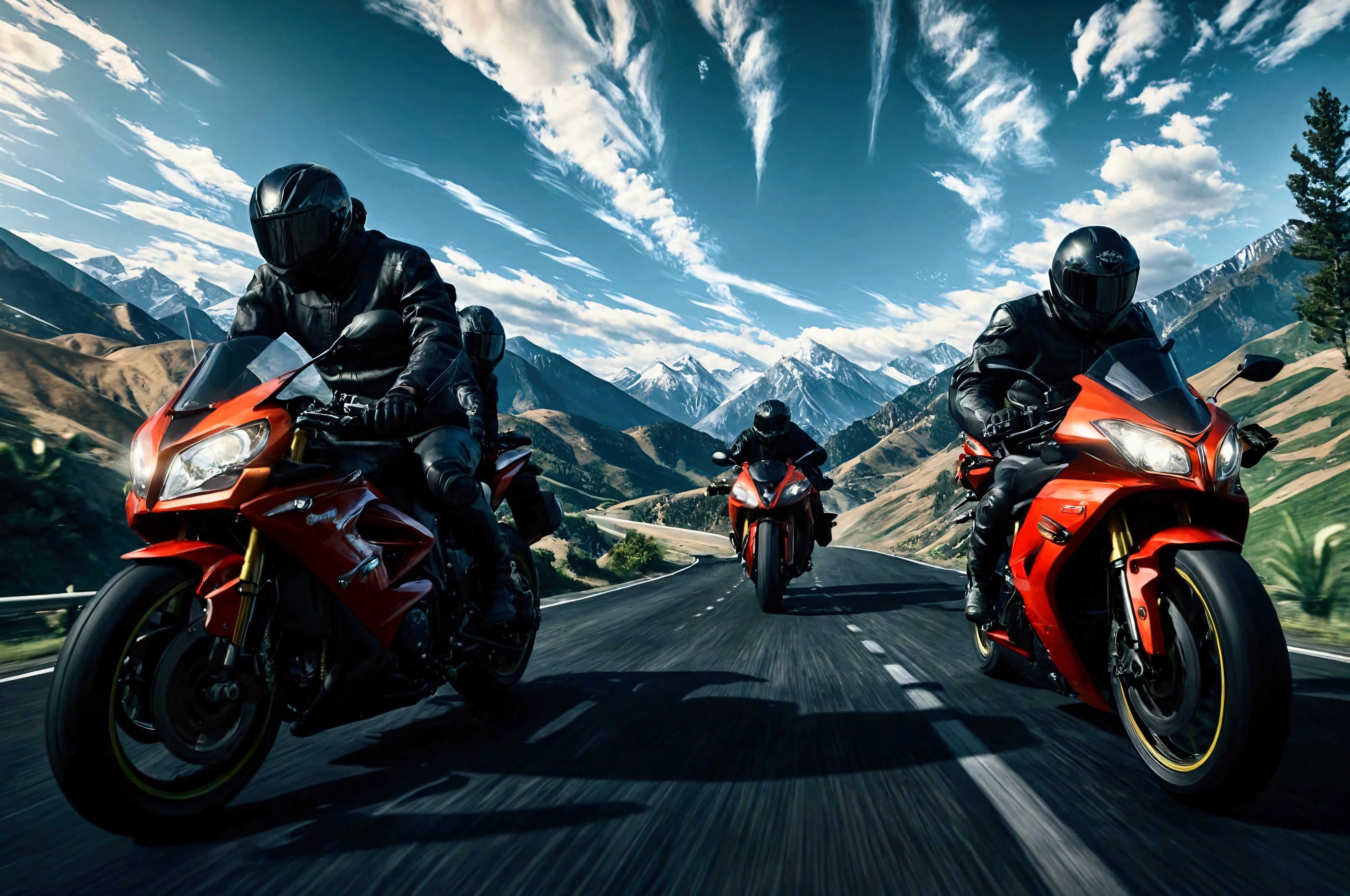 three people riding motorcycles down a road in the mountains, triumph, riding on the road, high quality picture, motorcycles, high quality wallpaper, kawasaki, 3840 x 2160, 3840x2160, hd wallpaper, no words 4 k, super high resolution, hq 4k wallpaper, stunning atmosphere